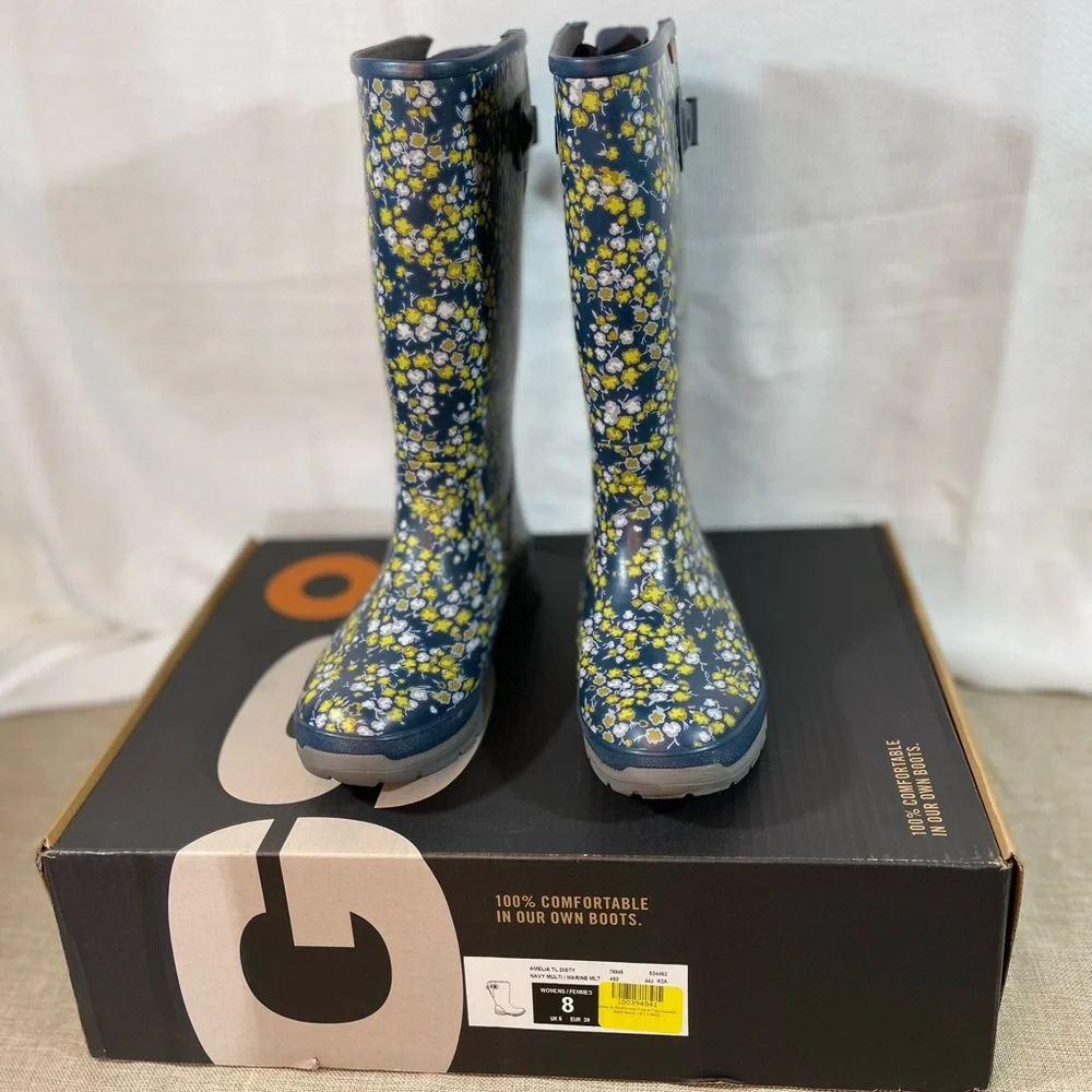 BOGS Womens Amelia Navy and Multi Color Floral Tall Rain Booโฆ - Picture 2 of 10